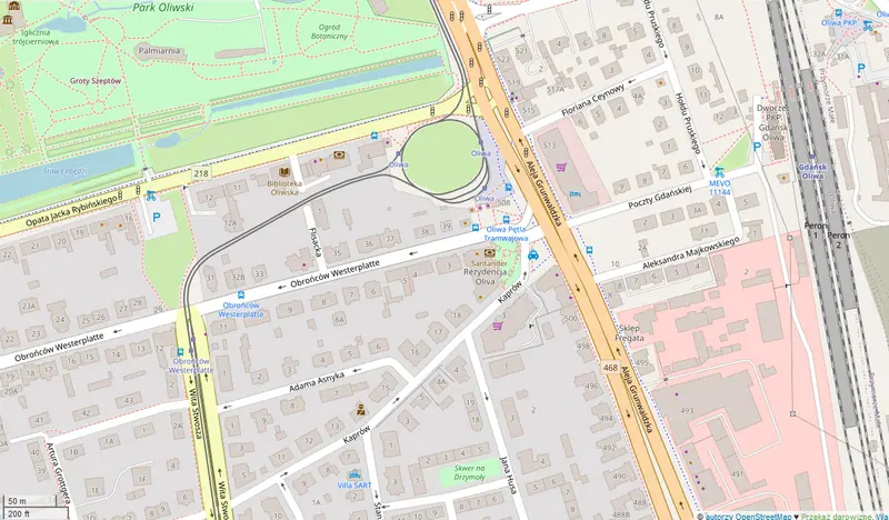 Map of the Villa Sart area – Wąsowicza St., Oliwa tram terminus, Gdańsk Oliwa station (OpenStreetMap)